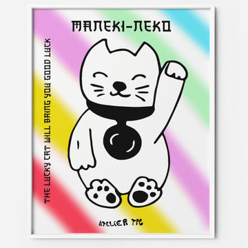 Japanese lucky cat art print rainbow